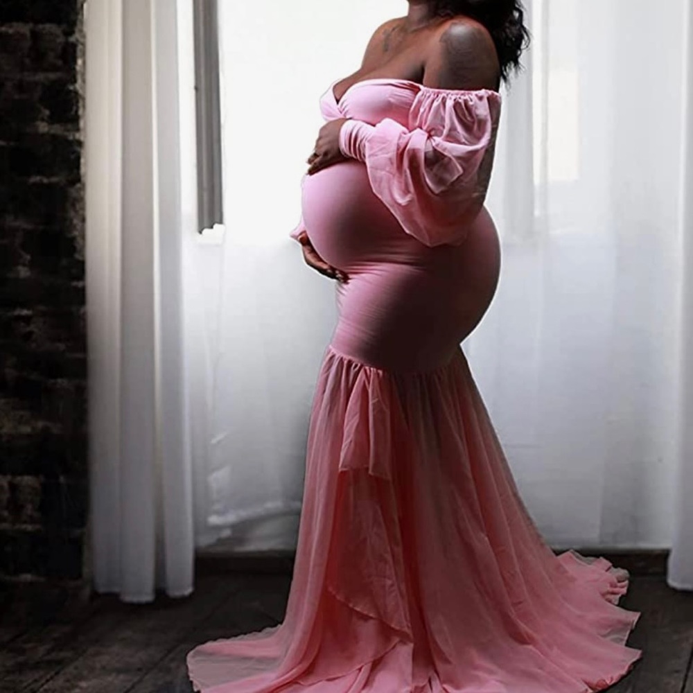 Off Shoulder Chiffon Long Sleeves and Tiered Mermaid Skirt Maternity gown